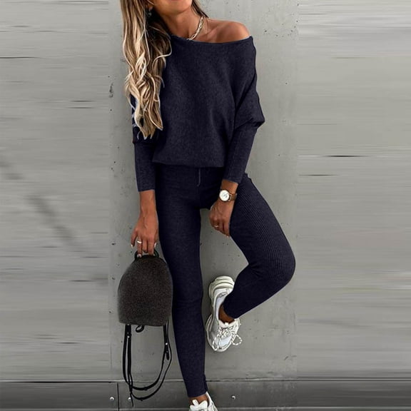 Brilliant 2 Piece Outfit for Women Pants Matching Set Womens Sweatpants Women's Fashion Suit Long Sleeve Color Round Neck Sweatsuit Blue L