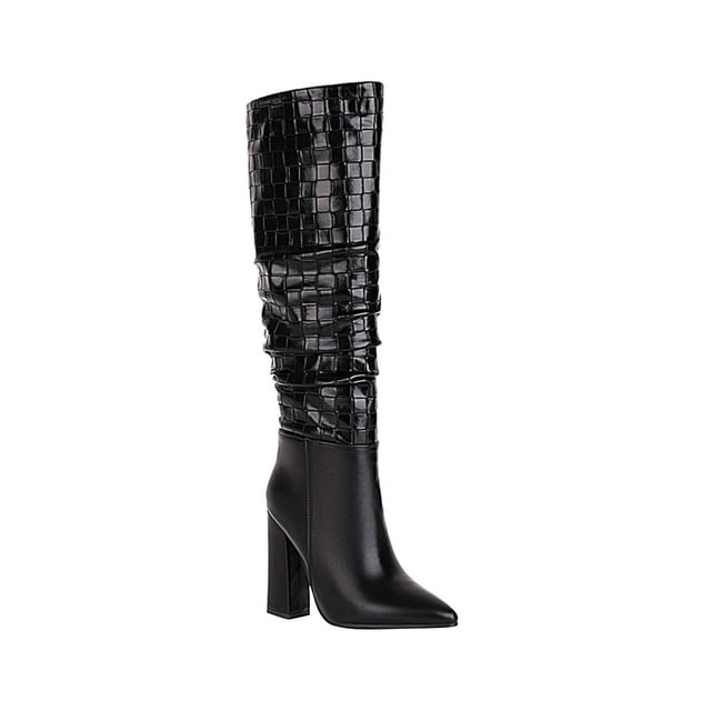 Wolfast Oversized Women's Fall Winter Plush Inner Lining Thick Heels Super High Heels Pointed Toe Long Pile Boots,Black