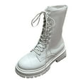 thumbnail image 4 of Rokment Platform Mid Calf Combat Boots for Women Fall Winter Classic Fashion Leather Lace up Lug Sole Chunky Heel Short Riding Chukka Booties White Size 7, 4 of 5
