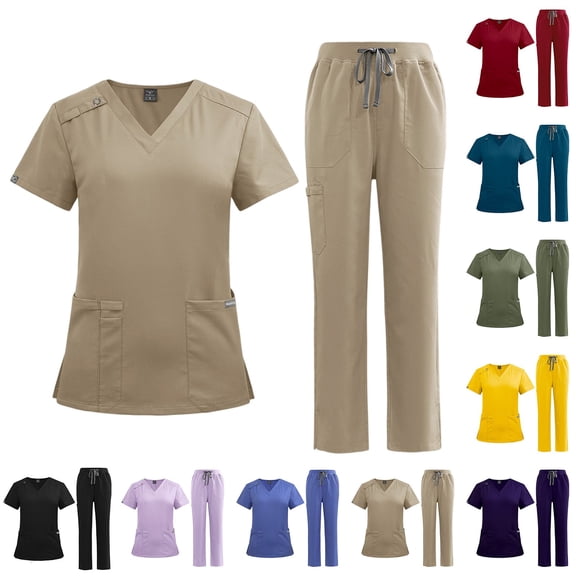 Minjewel Women's V-Neck Short Sleeve Scrubs for Women Set with Pockets, Soft & Durable Scrub Set for Hospital, Clinic & Caregiving,Army Green L