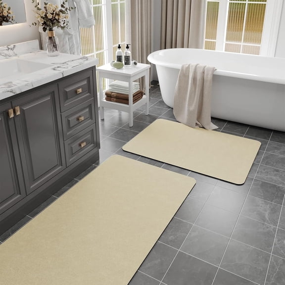 Cfweater Quick Dry Diatomaceous Earth Bath Mat Set 2PC Non-Slip 17"x24" 17"x47" Beige