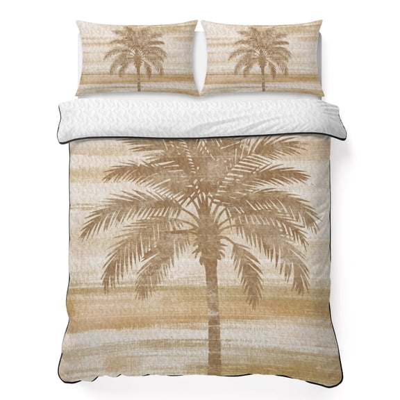 Quilts Twin XL Size Bedding Set, Brown Coastal Palm Tree Lightweight Quilted Comforter, Vintage Summer Tropical Botanical Soft Bedspread Coverlet with Pillow Covers for All Season, 68" x 98"