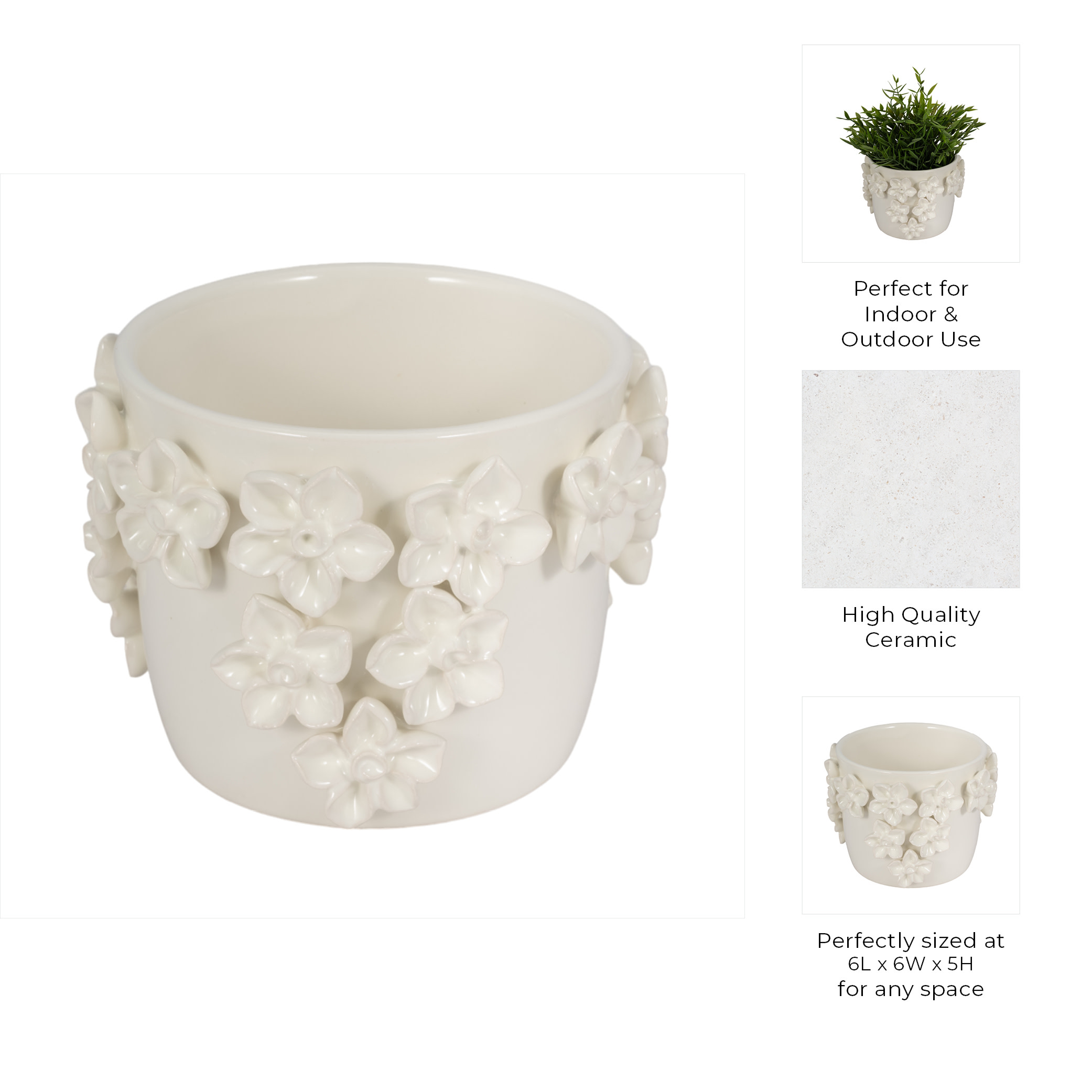 Elegant Round Flower Pot for Home Decor - Ceramic Planter with 3D Floral Design for Indoor Plants - Decorative Stoneware Planters for Outdoor Garden Style, Patio, and Entryway - 6", Ivory & Tan