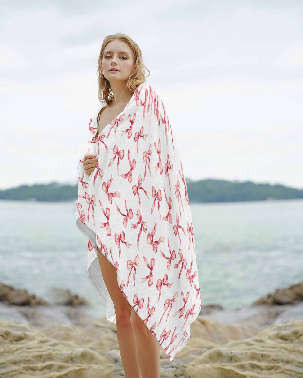 Pink Bow Ribbon Beach Towels Oversized Super Absorbent, Vintage Modern Art Bowknot Lightweight Bath Towel Quick Dry Sets For Bathroom/Pool/Rv Camping/Beach Play/Gym Room/Picnic 35"x70"