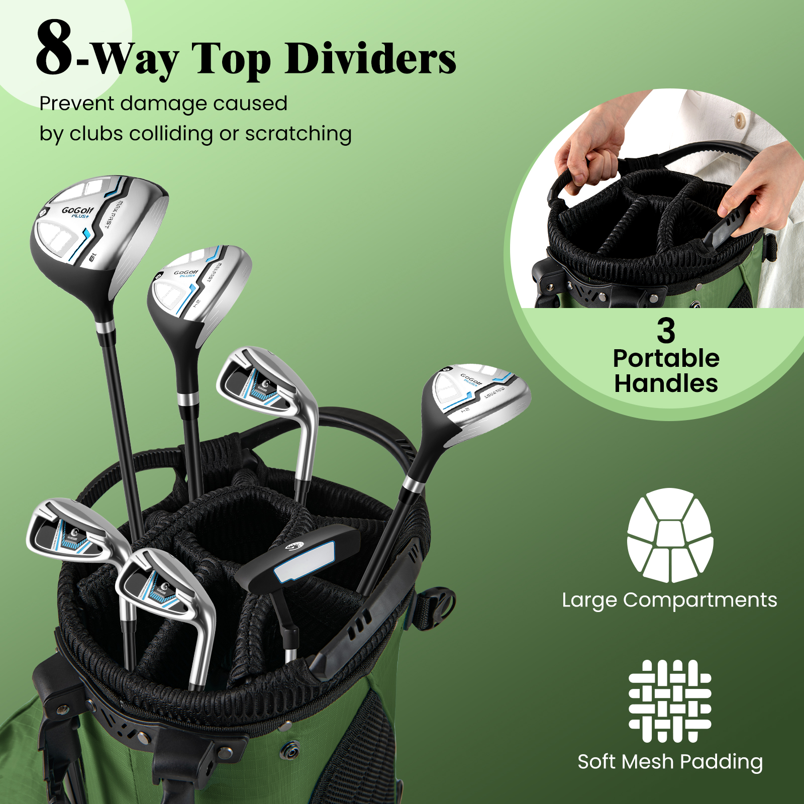 Gymax 8-Way Golf Stand Bag w/ 5 Pockets Lightweight Portable Golf Club Bag Handles Green