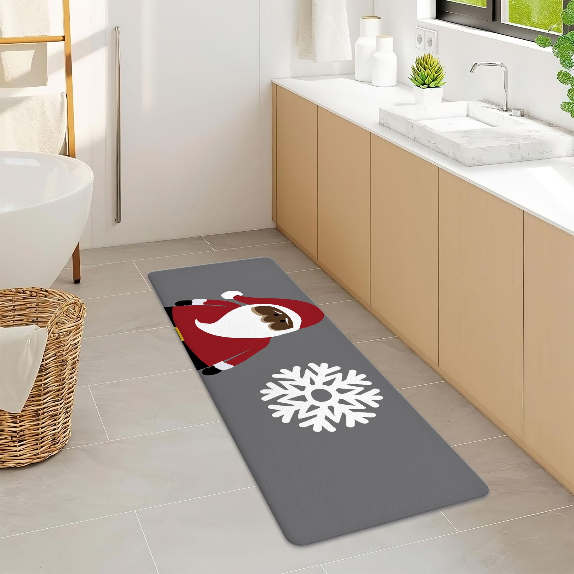 Christmas Bathroom Rugs Mat, Xmas Santa Claus Bath Mat with Non-Slip Backing, Winter New Year Holiday Floor Mat Decor for Indoor Outdoor Living Room Bathtub 17X48IN Grey