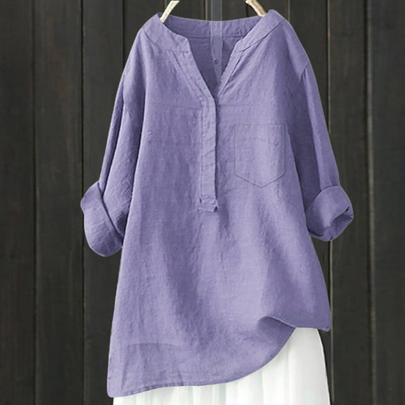 WCJM Woman Shirts Women Shirts Womens Cotton Linen Shirts Solid 3/4 Sleeve Summer Vacation Tunic Tops Oversized Tshirts Casual V Neck Blouses