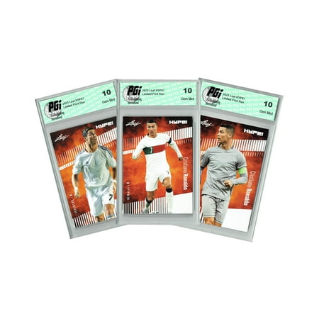 3-card Lot Cristiano Ronaldo 2020-23 Leaf HYPE! Portugal, Juventus, and Al Nassr Cards All PGI 10