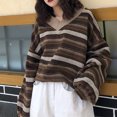 thumbnail image 3 of Pulls Tricotés Femmes Décontracté Col en V Rayé Chandail Automne-Hiver Rétro Harajuku Surdimensionné Ample, 3 of 7