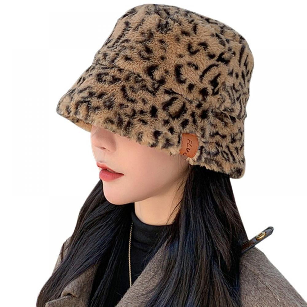 Women Winter Fluffy Plush Bucket Hat Leopard Warm Faux Fur Fisherman Cap Decor 
