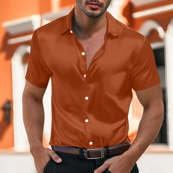 Blusa y camisa de manga corta con cuello vuelto para hombre, estilo casual, con personalidad, para fiestas de baile, color liso, con solapa y botones, a la moda, blusa de manga corta para hombre