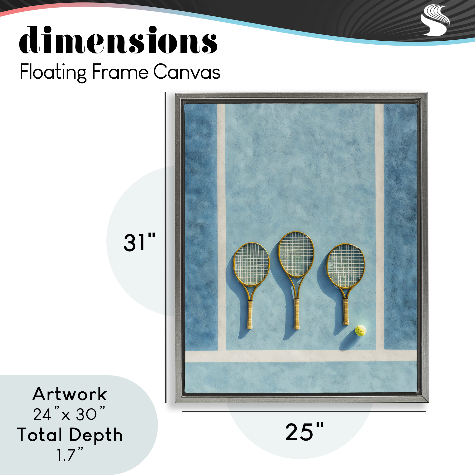 Tennis Racket Trio Gray Framed Floater Canvas Wall Art, design by Franklyn Gregory