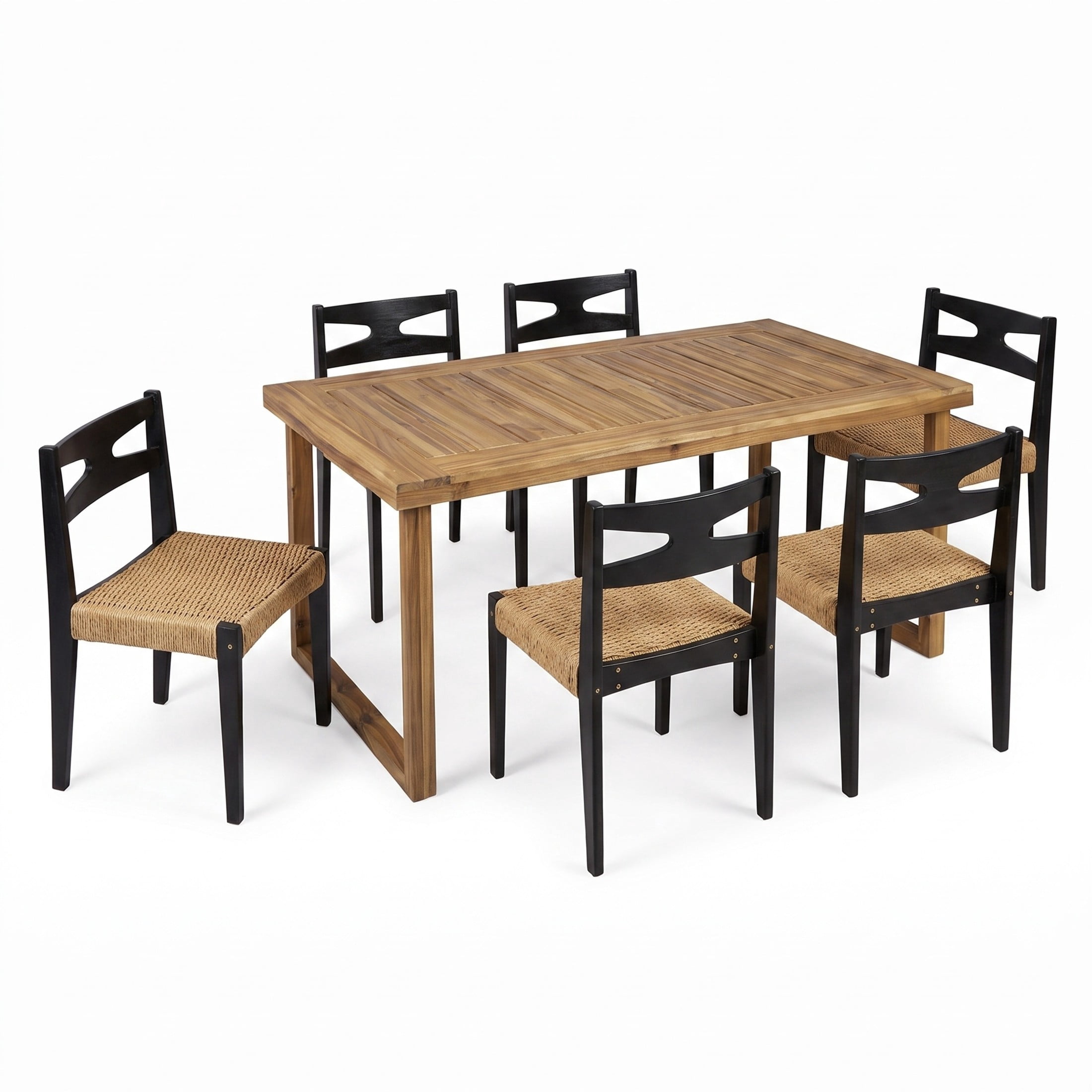 Christopher Knight Home 7-Piece Wood Outdoor Dining Set, Rectangle Table and Wicker Chairs, Natural+Black