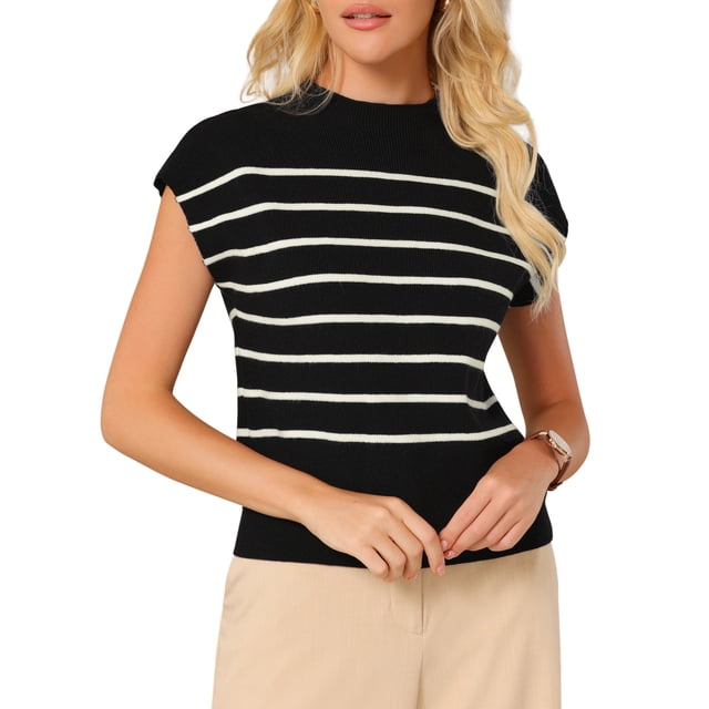 INSPIRAR CHIC Suéter sin mangas de mujer con cuello alto, estampado a rayas, casual, de punto acanalado, tops XL negro