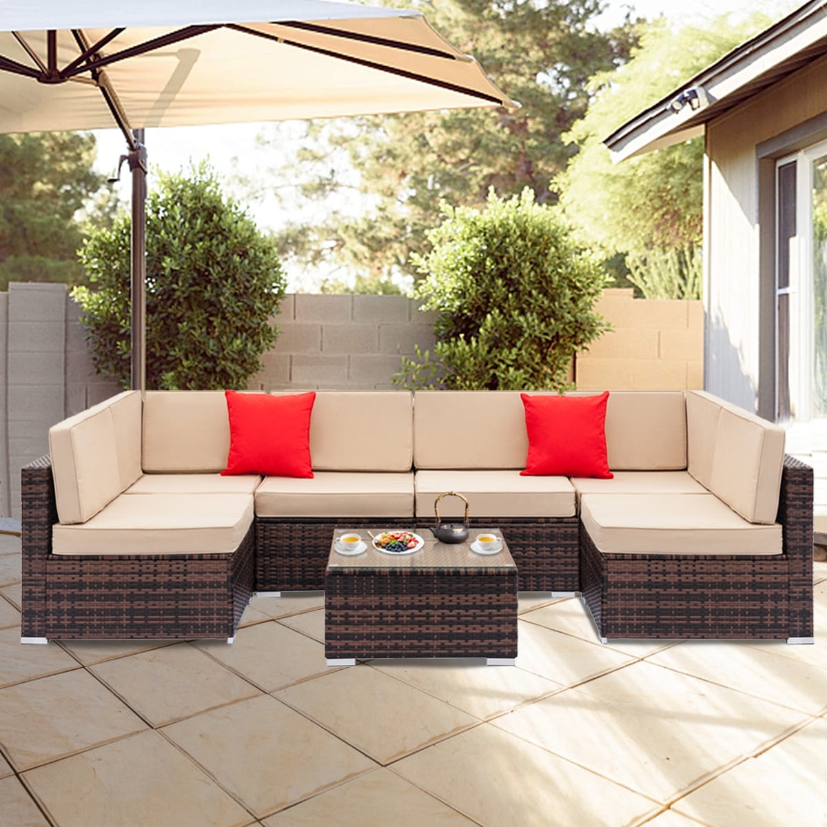 UHOMEPRO Brown Wicker Patio Dining Set, 7 Piece Wicker Patio Furniture