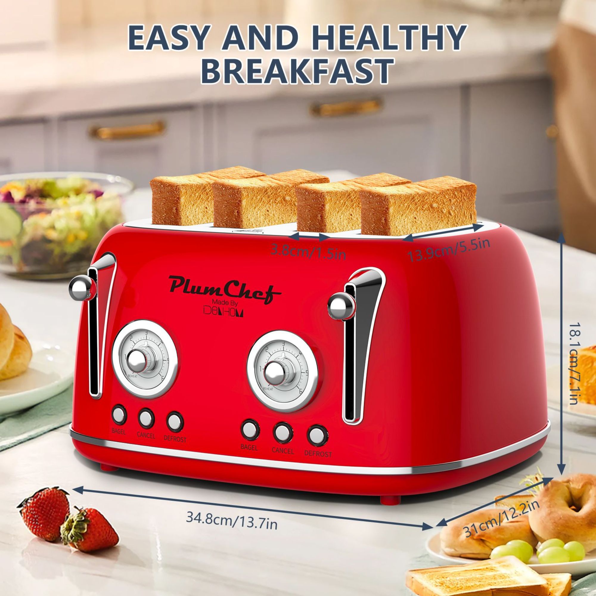 Retro 4-Slice Toaster with Extra Wide Slots, Stainless Steel Red