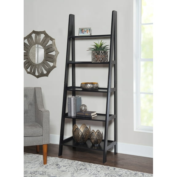 Linon Edson 5-Shelf Ladder Bookcase, 72" Height, Black Finish