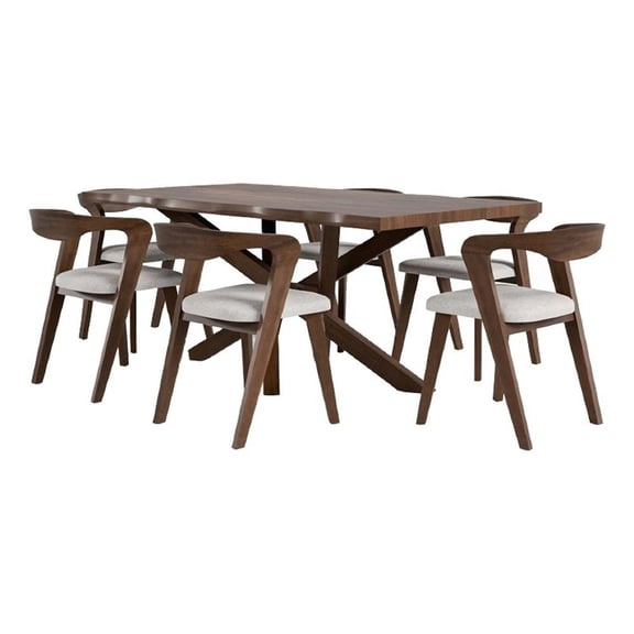 Vyva 7pc Dining Table Set- 6 Ivory White Chairs- Brown Full Solid Wood