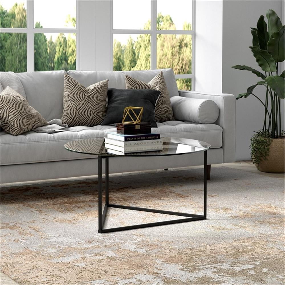 Evelyn&Zoe Jenson 35" Wide Round Coffee Table with Glass Top, Blackened Bronze