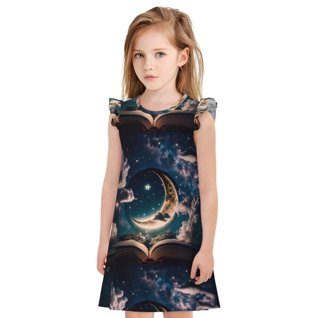 Balery Artistic Starry Sky Moon Book Camisón de princesa para niñas, pijama de algodón con mangas abullonadas, suave y bonito.-X-Large