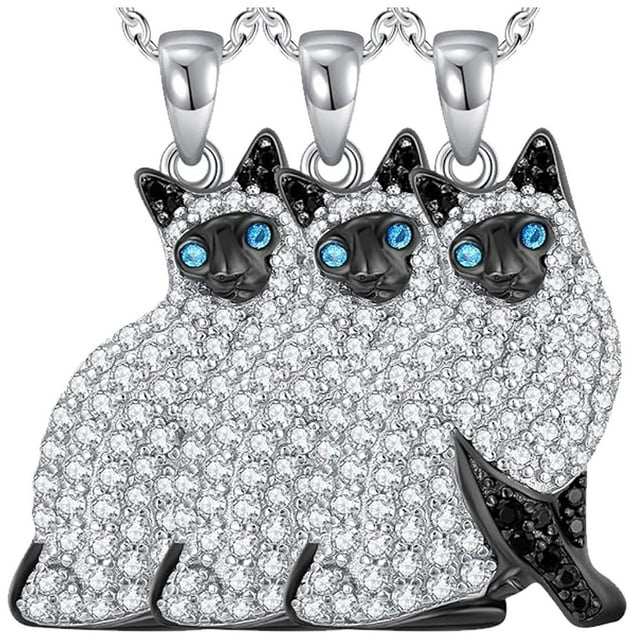 Dijes de gatos CatNeck07 3Pzas Siamese Plata/Negro Metal Cadena y Dije.