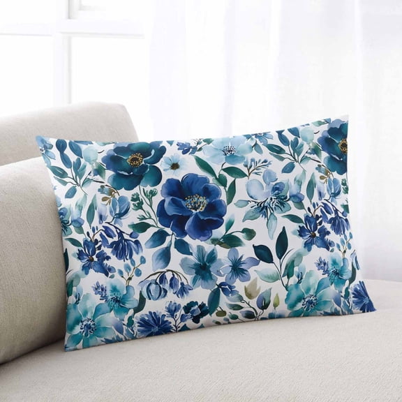 Abstract Floral Queen Size Pillow Cover, Pillowcase Protectors with Zipper, Breathable Decorative Throw Pillow Case Cover, Blue Flowers Retro Country Watercolor Pillow Shams for Couch Sofa 20x30Inch
