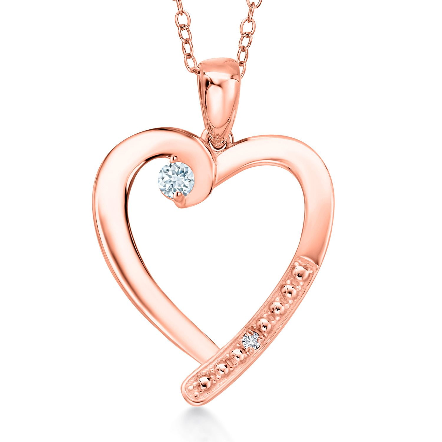 Gem Stone King 18K Rose Gold Plated Silver Sky Blue Aquamarine and White Diamond Heart Pendant Necklace for Women | 0.19 Cttw | Gemstone March Birthstone | Round 3.5MM | With 18 inch Chain