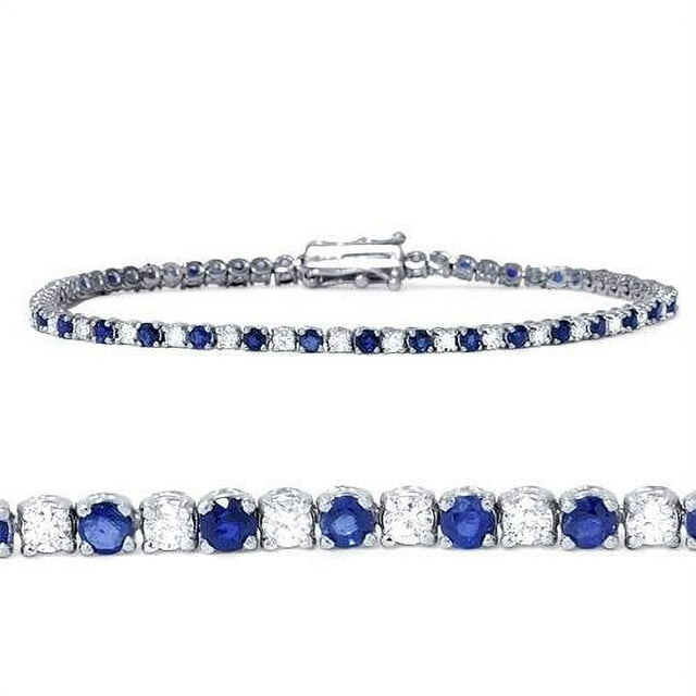 Bracelet Tennis Authentique en Or Blanc 14 K avec Saphir Bleu et Diamants Ronds, 2 Ct TW
