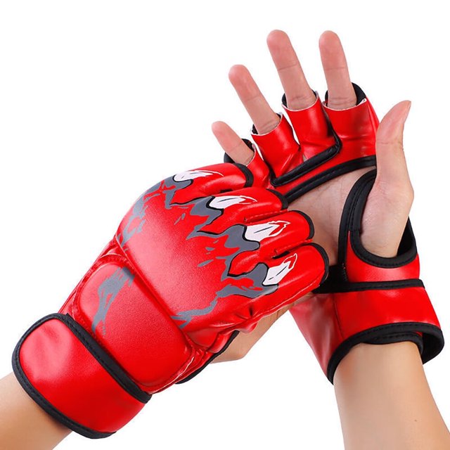 Gants de Boxe Demi-Doigt Mitaines avec Bande de Poignet Réglable Gants pour Sanda Sac de Frappe Entraînement Noir