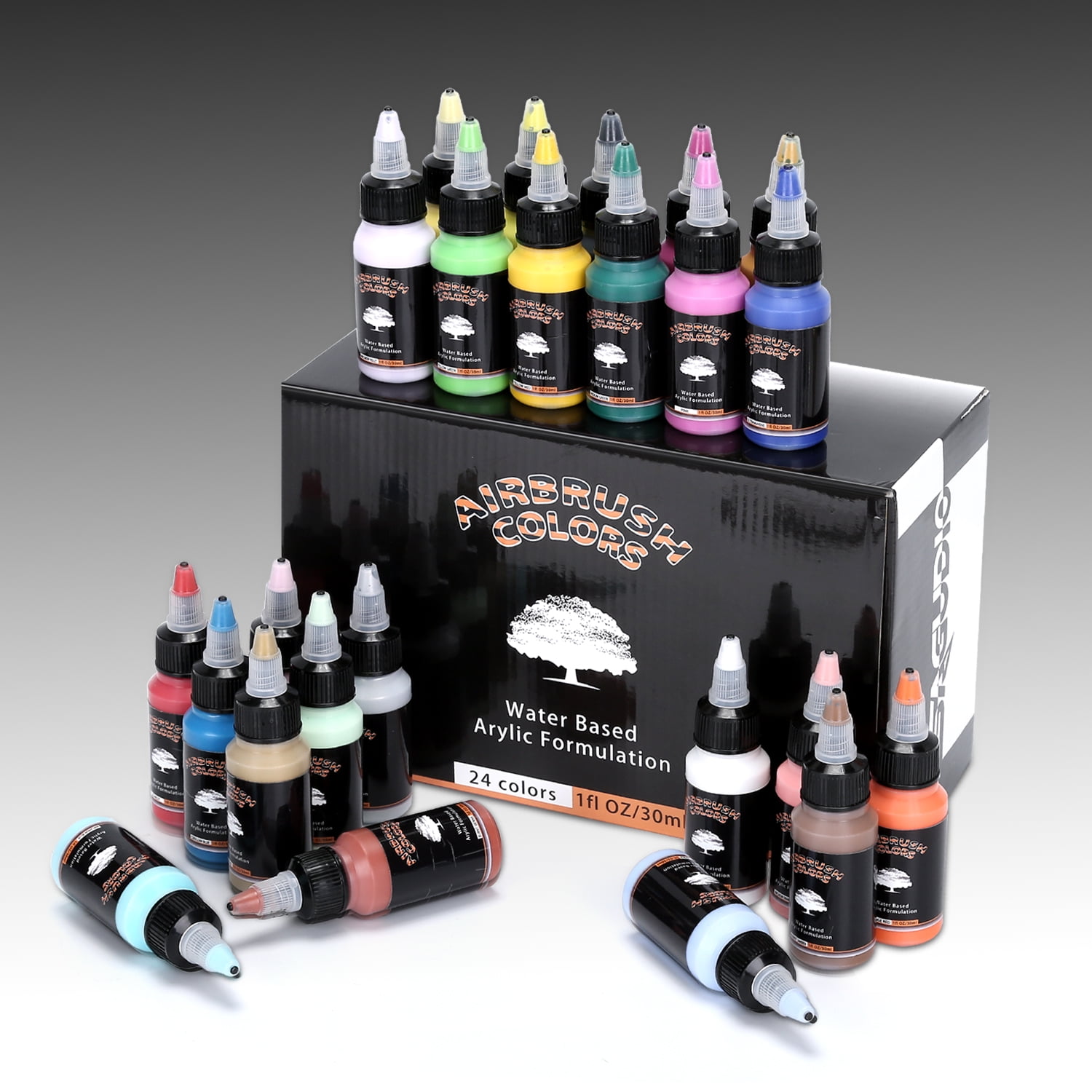 SAGUDIO Acrylic Airbrush Paint 24 Colors (30 ml/1fl oz) with Color Wheel Ready to Painting Set, Water Based Waterproof Quick Drying for Model, Shoes, Leather, Wall