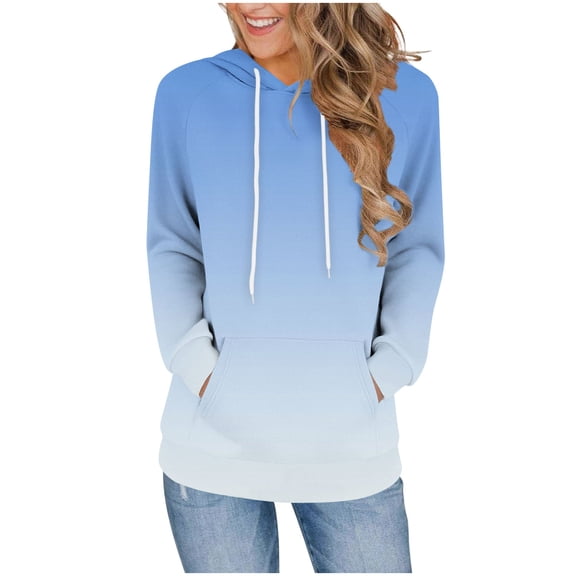 Qgtaibl Hooded Pullover for Women Trendy Gradient Color Raglan Long Sleeve Daily Hoodies Drawstring Kangaroo Pocket Comfy Fall Sweatshirts Light Blue XXL