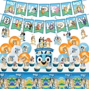 57 pcs Bluey Birthday Party Supplies,Birthday Decorations Set Include Birthday Banner, Tablecloth，Hanging Swirls，Balloons, Cake Toppers, Cupcake Toppers