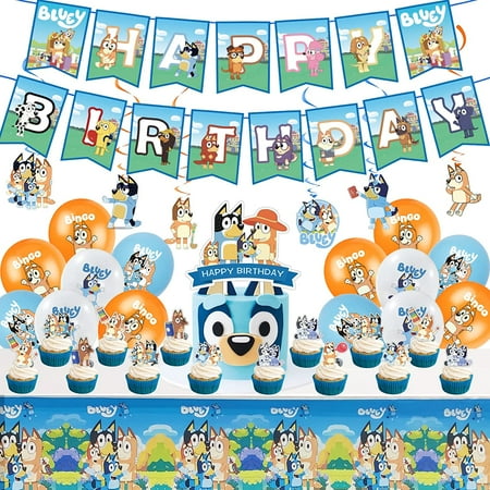 57 pcs Bluey Birthday Party Supplies,Birthday Decorations Set Include Birthday Banner, Tablecloth，Hanging Swirls，Balloons, Cake Toppers, Cupcake Toppers