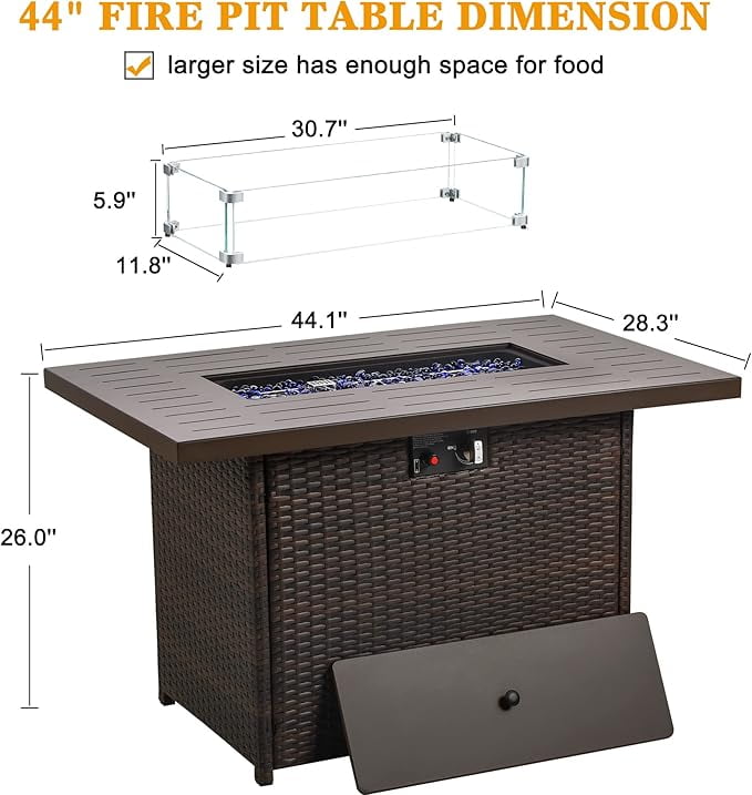 LayinSun 44" Propane Gas Fire Pit Table, 55000 BTU Rectangular Fire Pit with Glass Wind Guard for Outside Patio Deck Garden Backyard