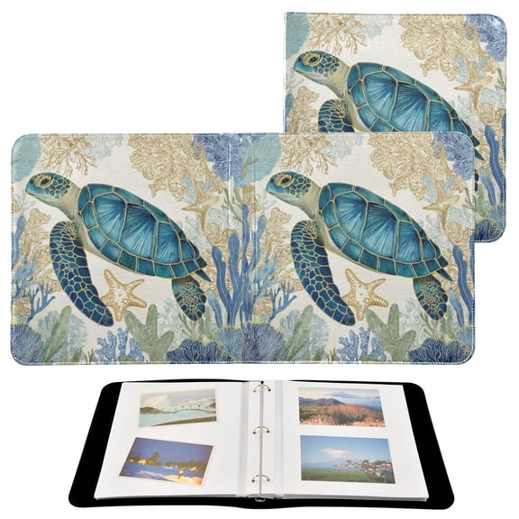 PU Leather Photo Album with 20 Self-Adhesive Pages 3-Ring Binder DIY Scrapbook Album for Pictures & Keepsakes11.8×11.2×1.5in Sea Turtle and Coral Reefs