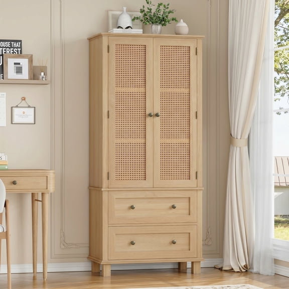Homfa Rattan Cabinet with Doors, Tall Storage Cabinet with 2 Drawers, Narrow Accent Versatile Cabinet for Living Room, Oak