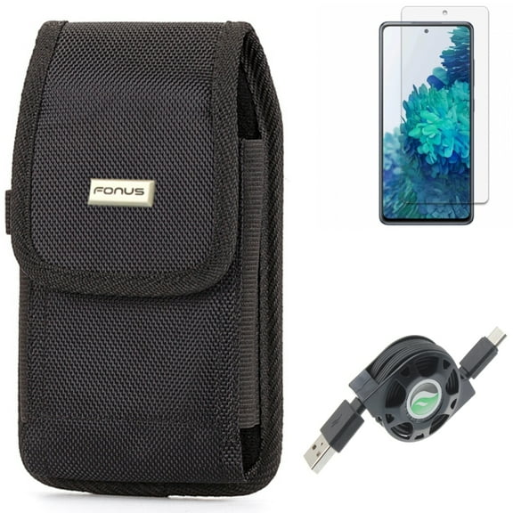 Case Belt Clip & Screen Protector & USB Cable for Samsung Galaxy S20 Fan Edition - Rugged Holster   Anti-Glare Tempered Glass   Retractable Type-C Combo