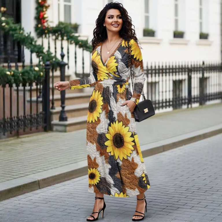 FKELYI Brown Cow Sunflower Print Long Sleeve Maxi Dress for Women V-Neck Soft Casual Dress Flowy A-Line Dresses with Side Pockets for Party Wedding, 3XL - Walmart.com FKELYI Brown Cow Sunflower Print Long Sleeve Maxi Dress for Women V-Neck Soft Casual Dress Flowy A-Line Dresses with Side Pockets for Party Wedding, 3XL - Walmart.com