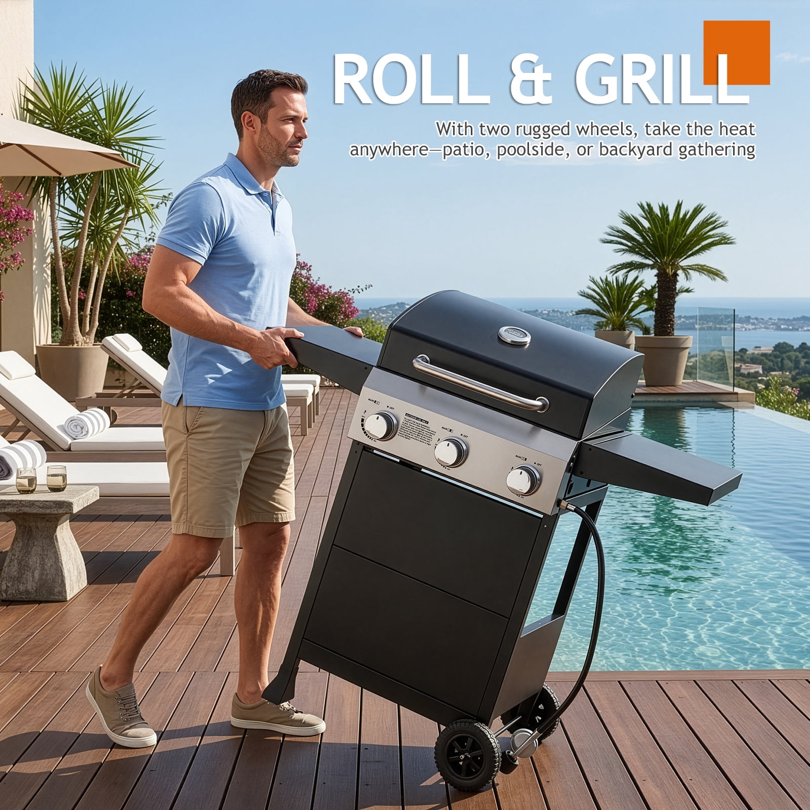 Ktaxon 3 Burner Propane Gas Grill 36,000 BTU with Lid,Ceramic Coated Cast Iron Rack,Side Shelves,Wheels