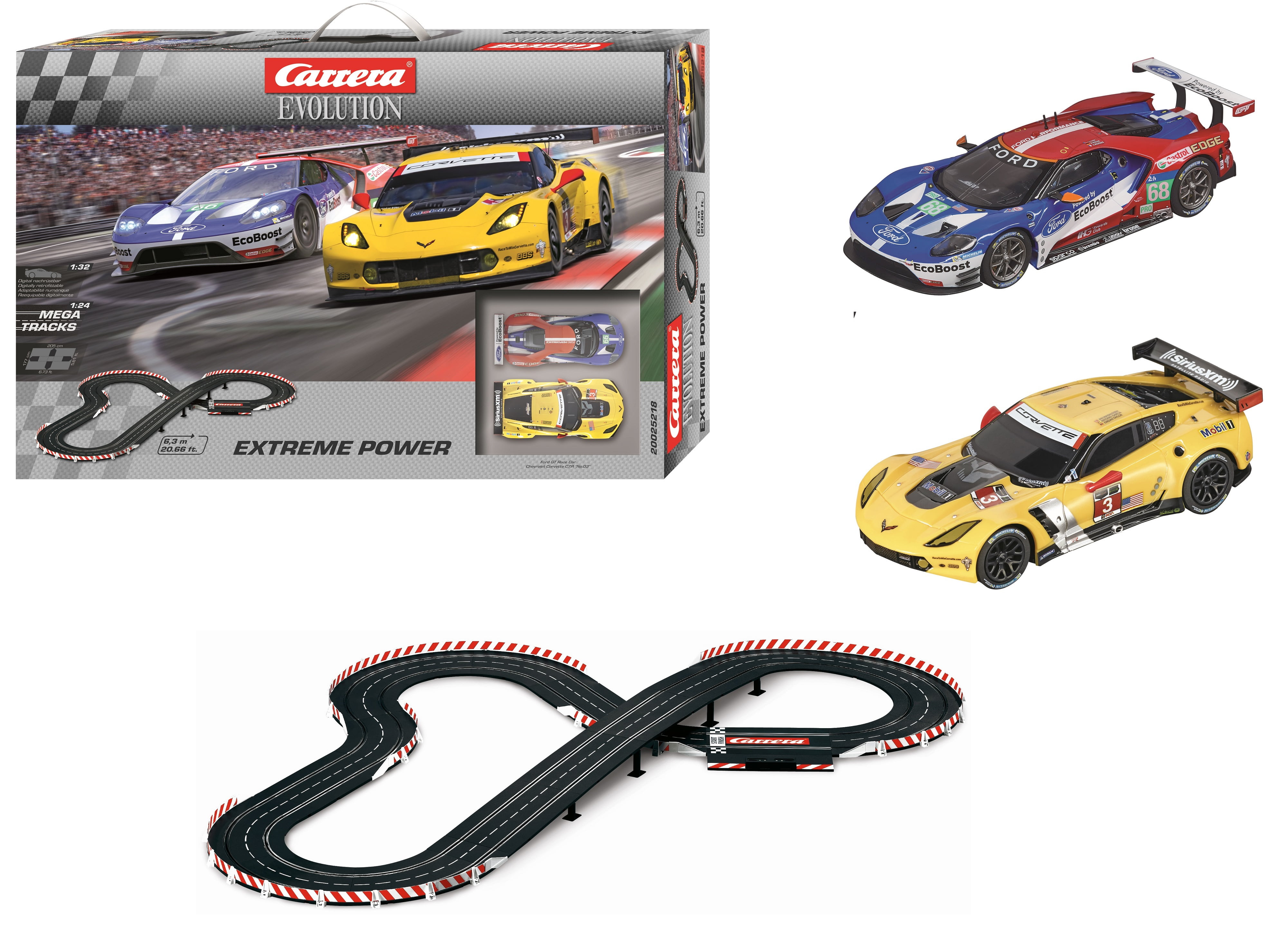 Carrera Evolution Extreme Power Slot Car Race Track Set featuring Ford GT  versus Chevrolet Camaro C7R 1:32 Scale Racing Cars 
