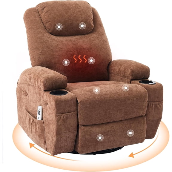 360° Swivel Rocking Recliner Chair, Manual Fabric Nursery Recliner Glider with with Massage and Heating, Extented Footrest