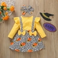 thumbnail image 2 of Bysome Toddler Girls Outfit Set Baby Halloween Ruffle Tops Pumpkin Suspender Skirt Hairband Outfit Long Sleeve Crew Neck Cute Print Girl 2 Pieces Clothes Set Yellow Size 3-4 Years, 2 of 6