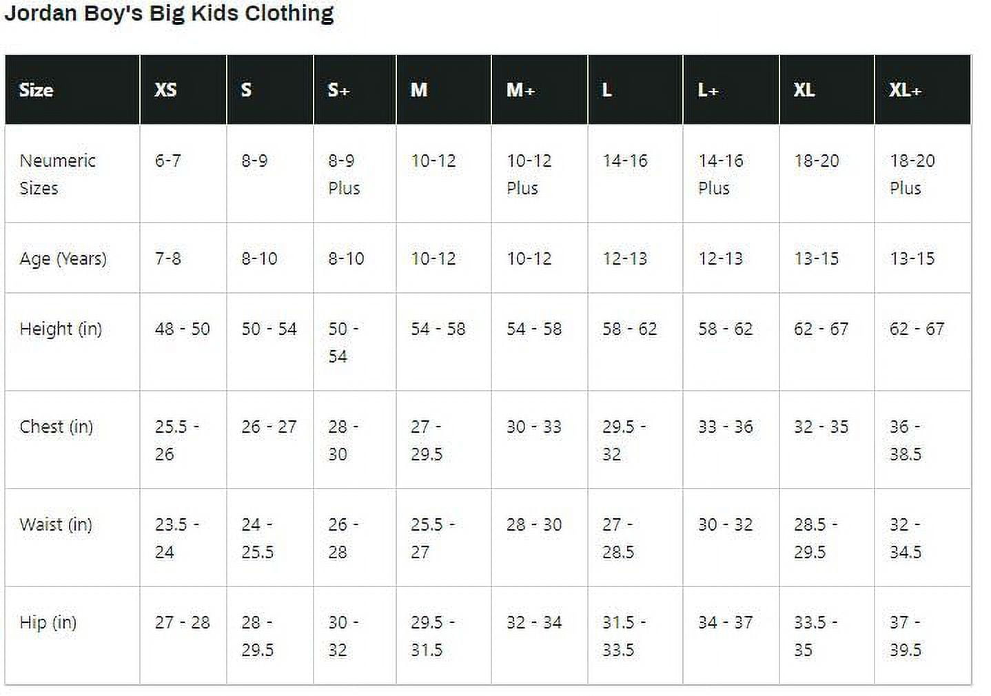 jordan youth clothes size chart