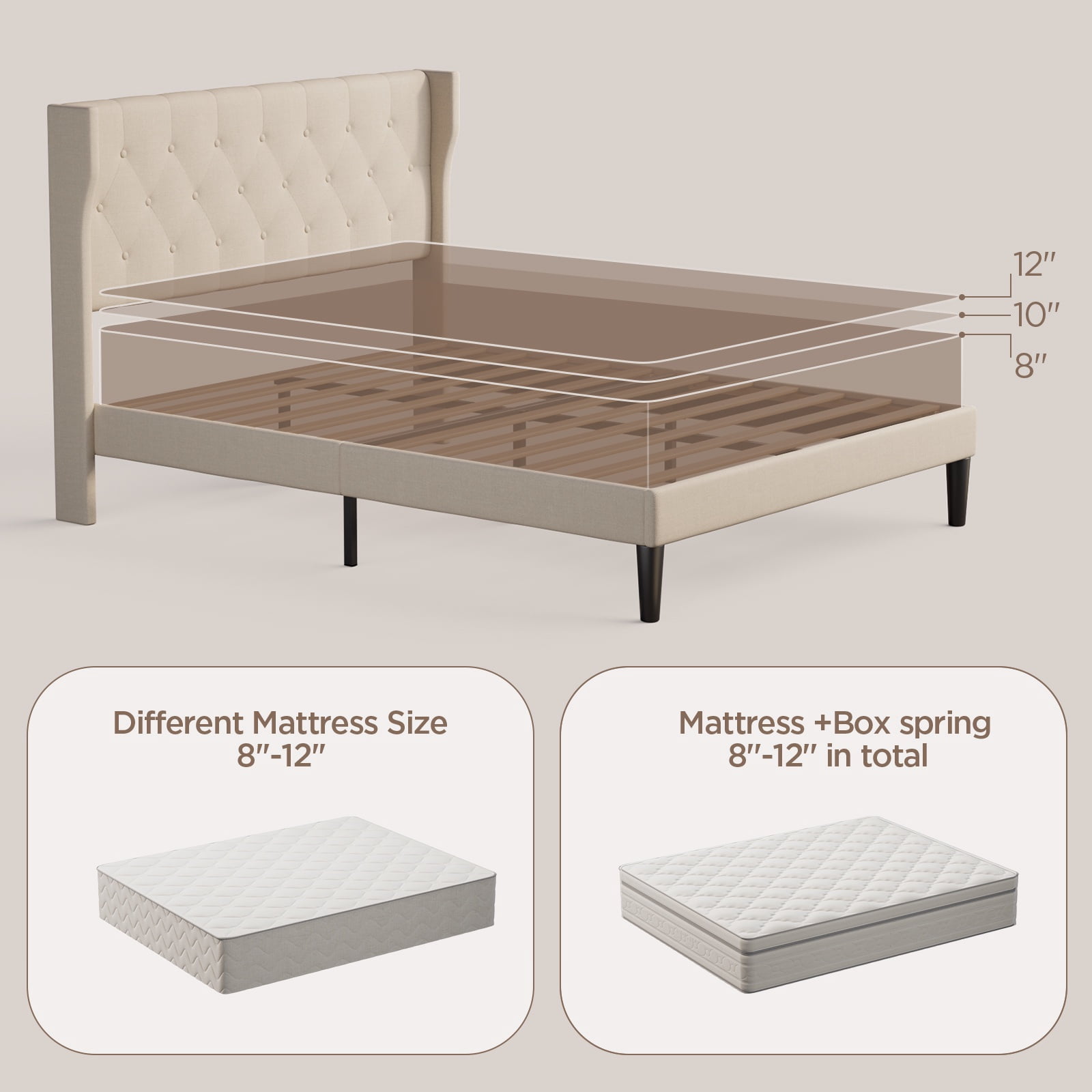 Noelse 3-Piece Bedroom Furniture Set, Full Size Bed Frame with Upholstered Headboard & 2 Nightstands, Under Bed Storage, Noise-Free, Beige and White