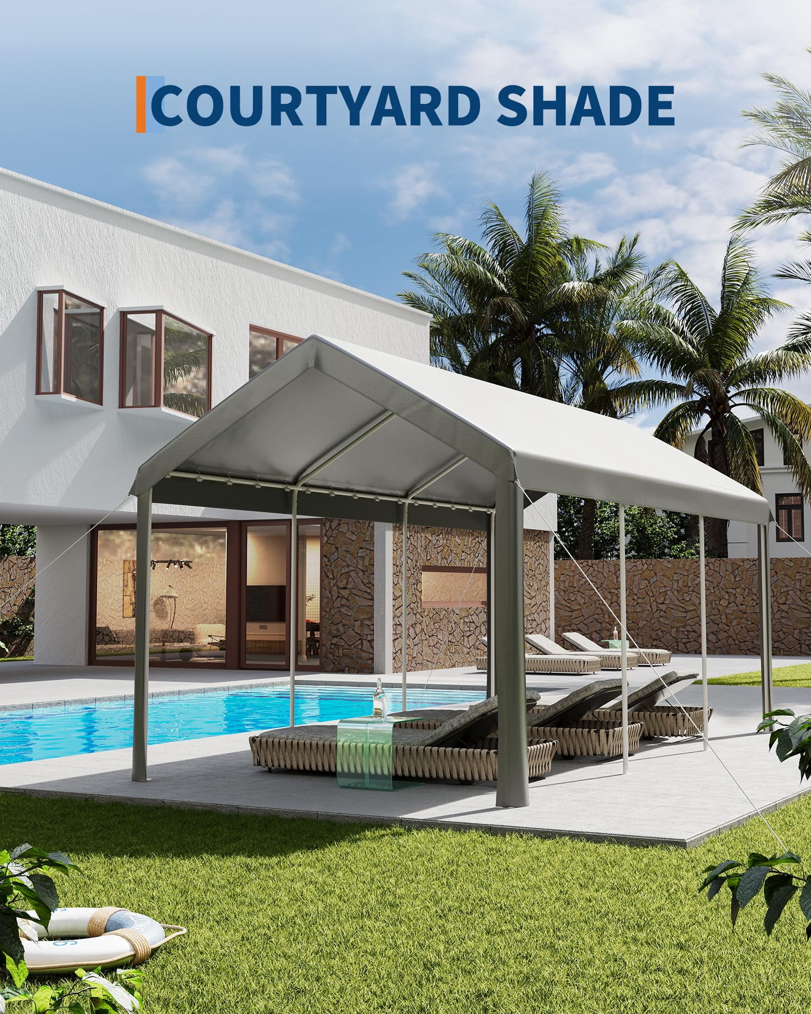10X20 FT Carport Canopy, Portable Car Tent Garage with Roll-Up Door, All-Season Tarp Cover, Removable Side Walls, Outdoor Storage Shed,Grey