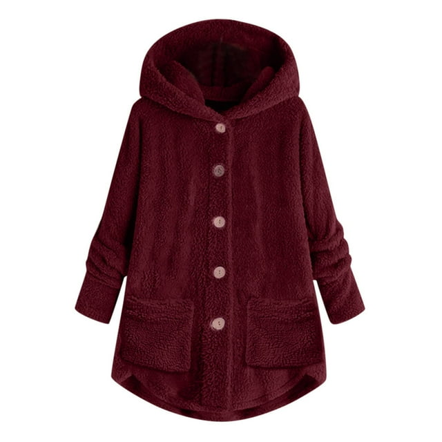 KIHOUT Spring Winter Warm Coat Women Plus Size Button Plush Tops Hooded Loose Cardigan Wool Coat Winter Jacket,Size S-5XL