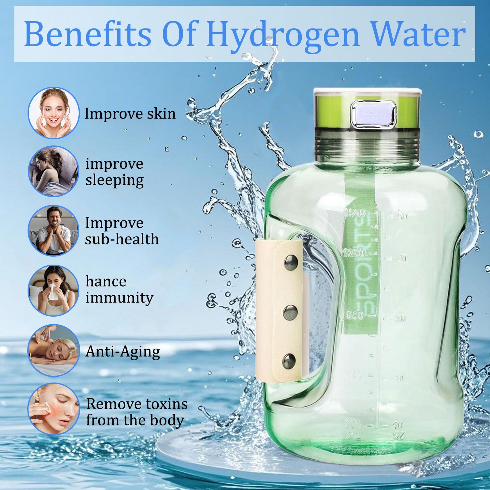 50oz Hydrogen Water Bottle, 1.5L Large Capacity Leak Proof Sports Drinking Bottle with Handle and Shoulder Strap, Portable Sports Water Bottle for Gym, Exercise and Outdoor Scenes