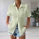 thumbnail image 4 of Camisa Estilo Boyfriend A Rayas Fruncidas para Mujer, Blusa Informal con Cuello Corto, Mangas , Botones y Bolsillo, Verde , Talla S, 4 of 7
