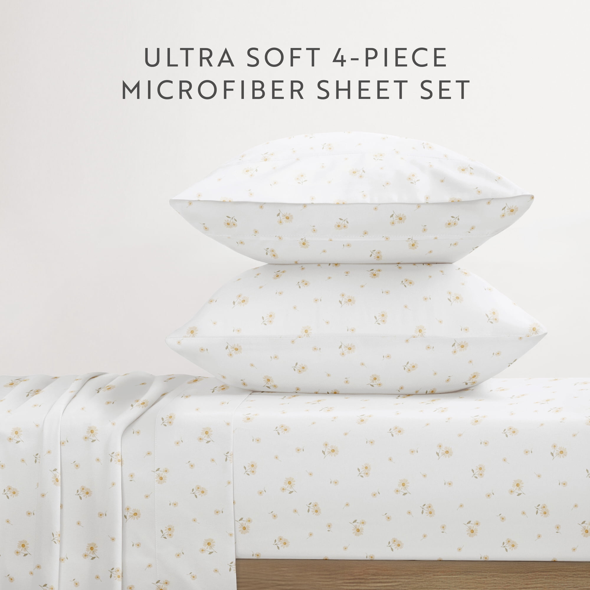 Noble Linens 4 Piece Ditsy Pattern Microfiber Bed Sheets, Yellow Daisies, King