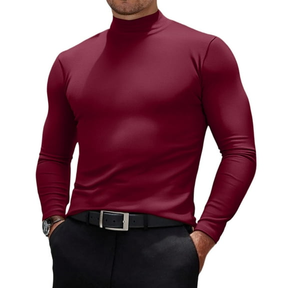 Men's Fashion Mock Turtleneck T-Shirts Long Sleeve Pullover Sweater Basic Designed Undershirt Slim Fit Top Wine S